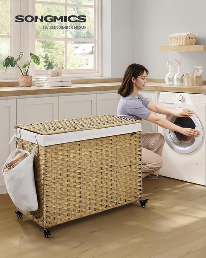 SONGMICS Rolling Laundry Hamper with Lid, 160 L 3-Section Synthetic Rattan
