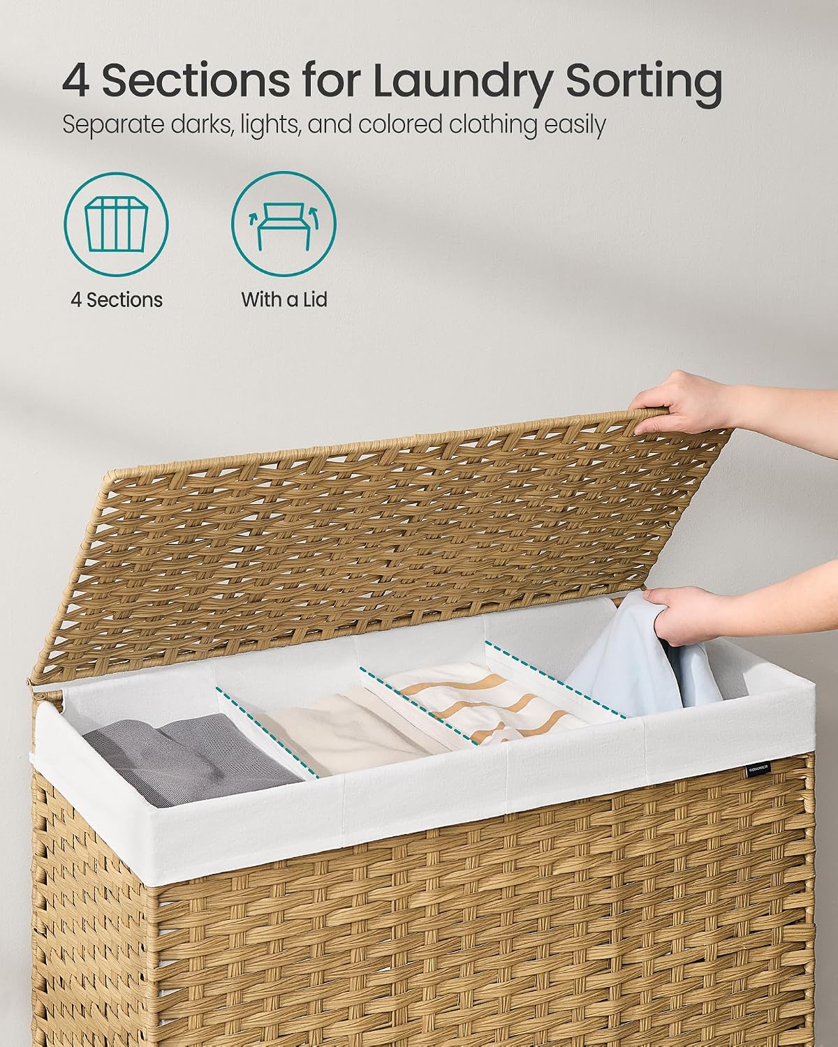 SONGMICS Rolling Laundry Hamper with Lid, 160 L 3-Section Synthetic Rattan