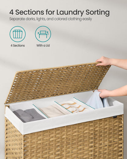 SONGMICS Rolling Laundry Hamper with Lid, 160 L 3-Section Synthetic Rattan
