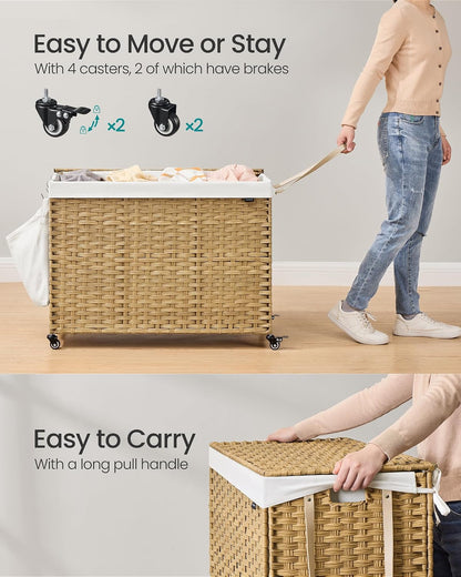 SONGMICS Rolling Laundry Hamper with Lid, 160 L 3-Section Synthetic Rattan