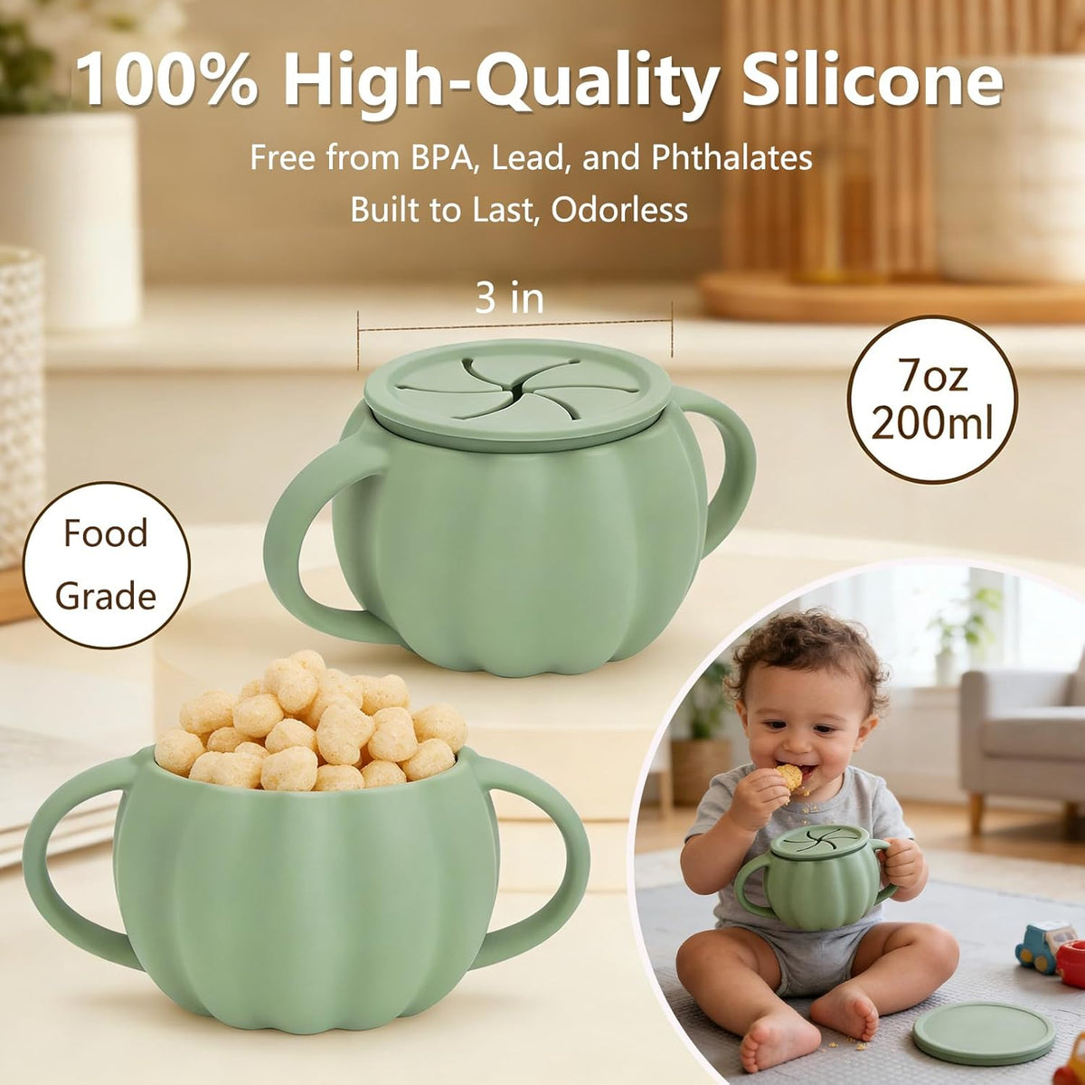 Silicone Toddler Snack Cup with Lid, Spill Proof Snack Containers