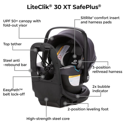 LiteClik30 RXT SafePlus Infant Car Seat and Base, Rear-Facing for Infants 4-30lbs, SafePlus Engineering, with Infant Insert, UPF 50+ Sunshade (Black Storm)