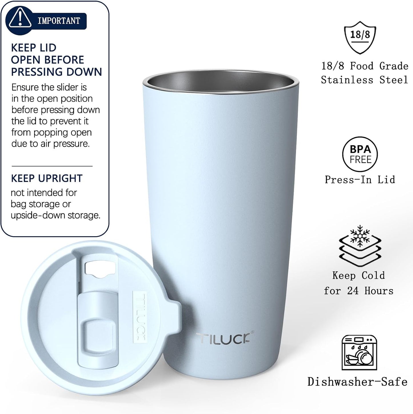 TILUCK 20 oz Insulated Coffee Tumbler with BPA-Free Lid | Travel Coffee Mug, Dishwasher Safe, Cup Holder Friendly, Double-Wall Vacuum Insulation for Hot & Cold Drinks,Matte MistyGray