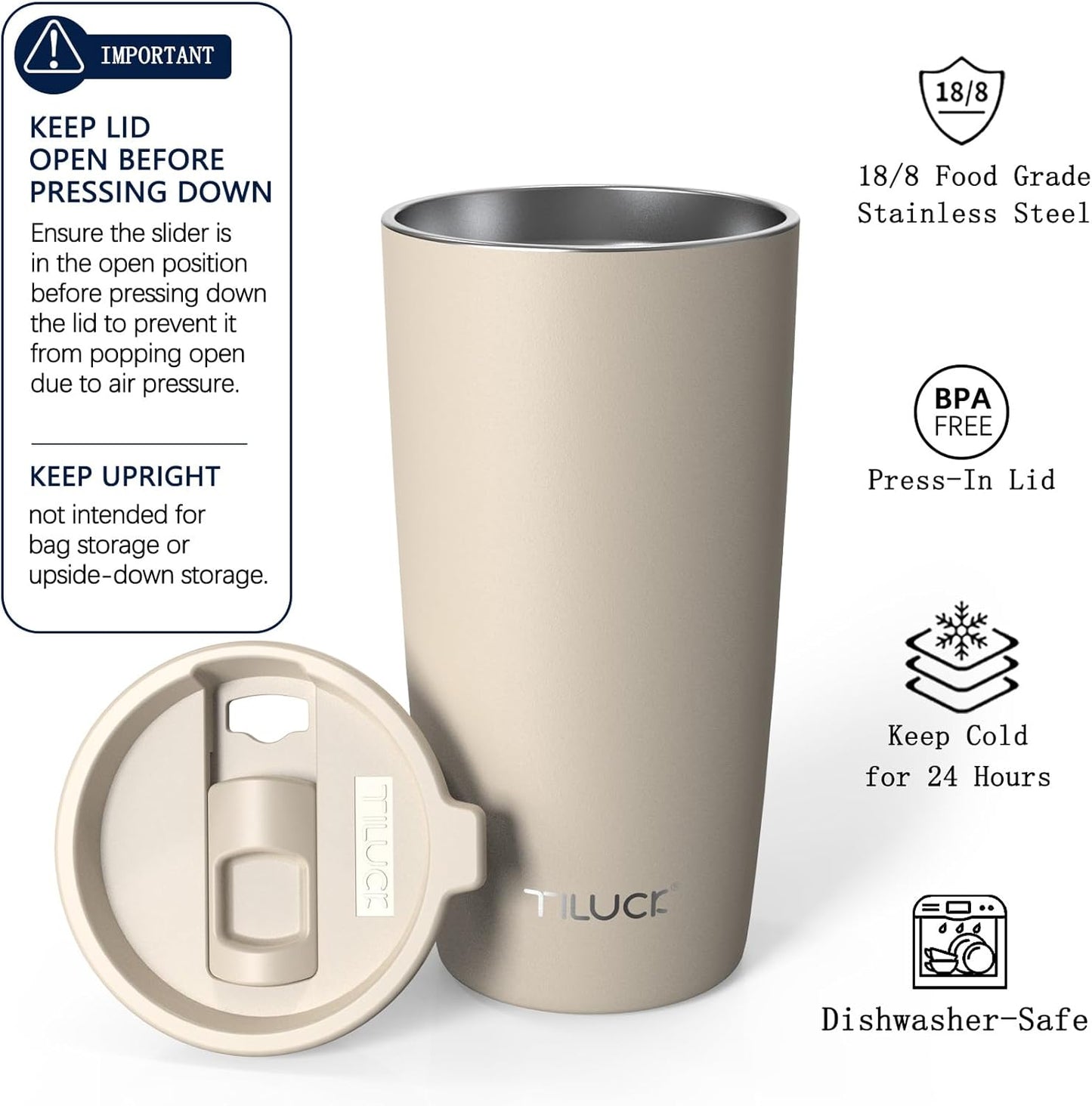 TILUCK 20 oz Insulated Coffee Tumbler with BPA-Free Lid | Travel Coffee Mug, Dishwasher Safe, Cup Holder Friendly, Double-Wall Vacuum Insulation for Hot & Cold Drinks,Matte MistyGray
