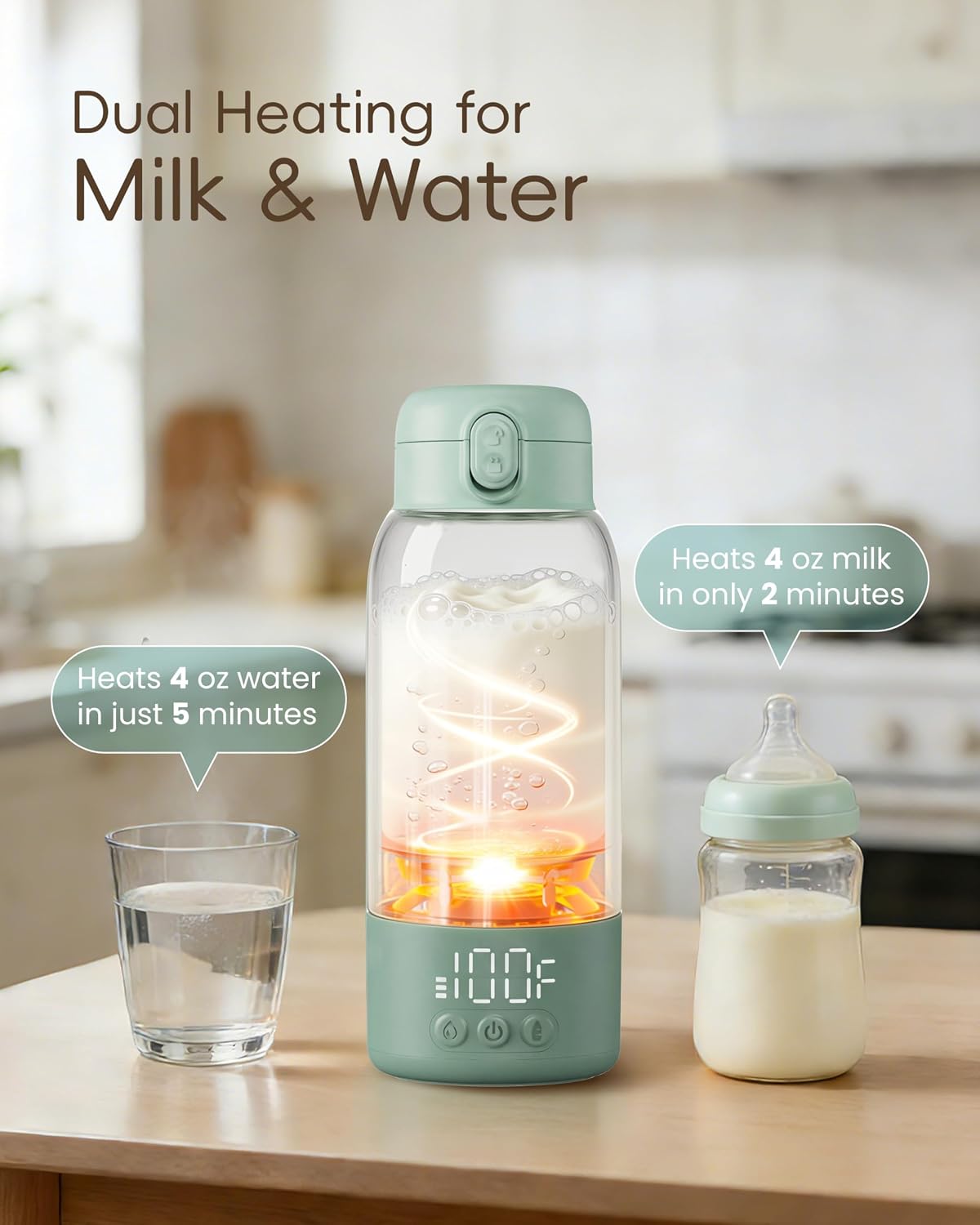 Portable Bottle Warmer for Travel, Baby Milk Warmer with Fast Heating & Long Battery Life, 17 Ounces Large Capacity Bottle Warmer with Long-Lasting Keep Warm Function, Green