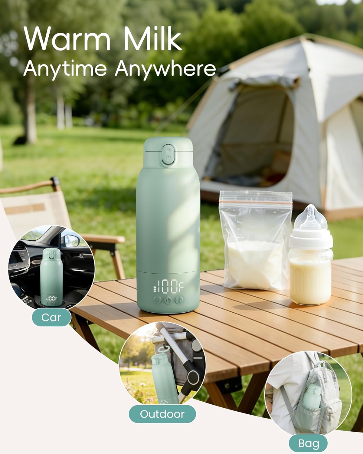 Portable Bottle Warmer for Travel, Baby Milk Warmer with Fast Heating & Long Battery Life, 17 Ounces Large Capacity Bottle Warmer with Long-Lasting Keep Warm Function, Green