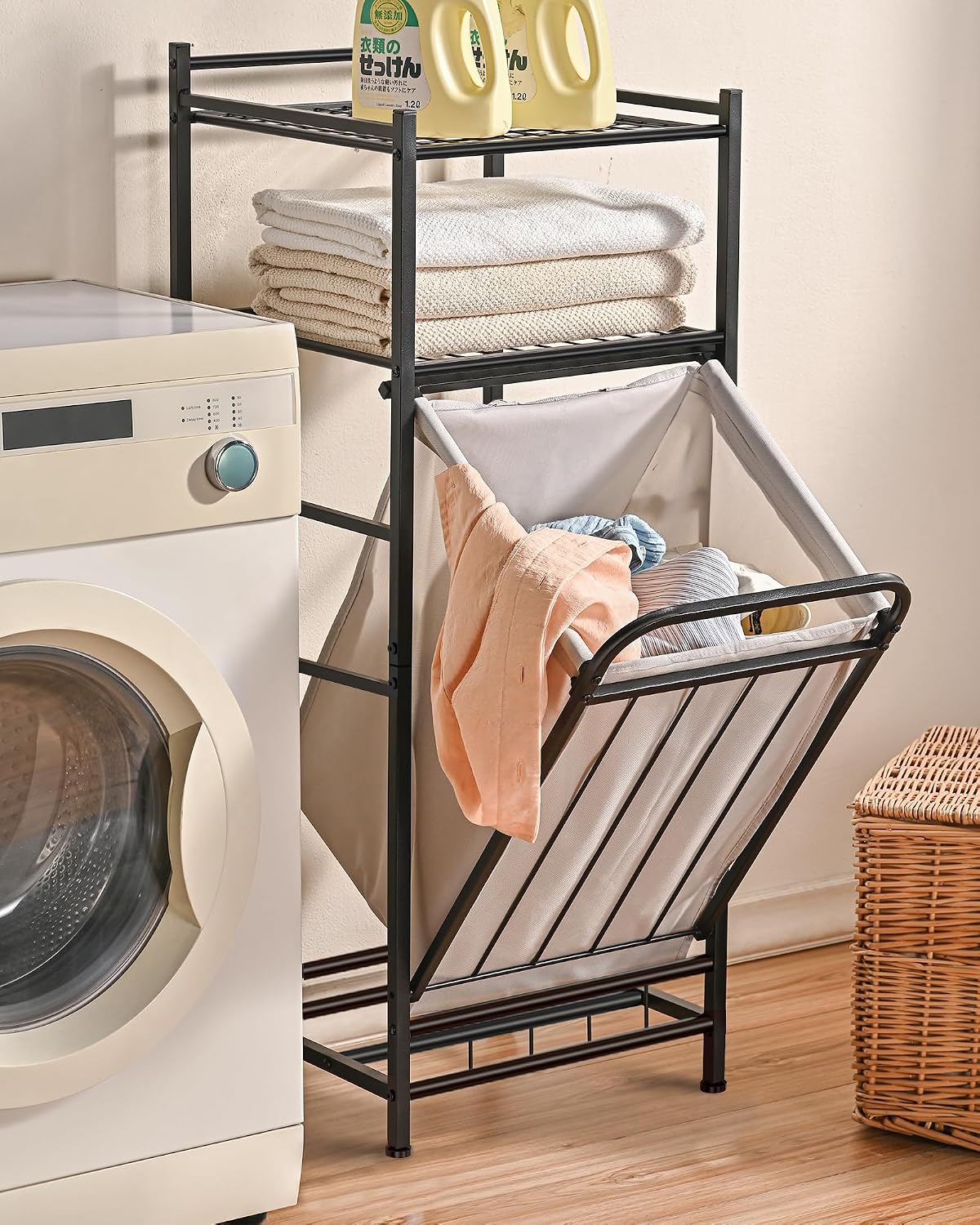 Tilt Out Laundry Hamper with Shelf, Laundry Basket Laundry Hamper Cabinet with Removable Liner Bag, 65 Liter, 15.8L x 15.8W x 40H Inch