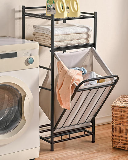 Tilt Out Laundry Hamper with Shelf, Laundry Basket Laundry Hamper Cabinet with Removable Liner Bag, 65 Liter, 15.8L x 15.8W x 40H Inch