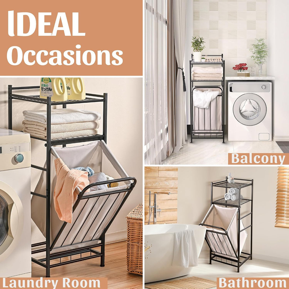 Tilt Out Laundry Hamper with Shelf, Laundry Basket Laundry Hamper Cabinet with Removable Liner Bag, 65 Liter, 15.8L x 15.8W x 40H Inch