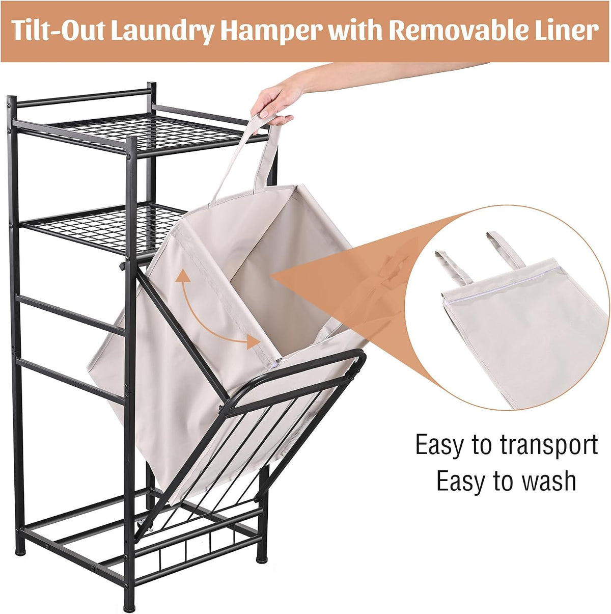 Tilt Out Laundry Hamper with Shelf, Laundry Basket Laundry Hamper Cabinet with Removable Liner Bag, 65 Liter, 15.8L x 15.8W x 40H Inch