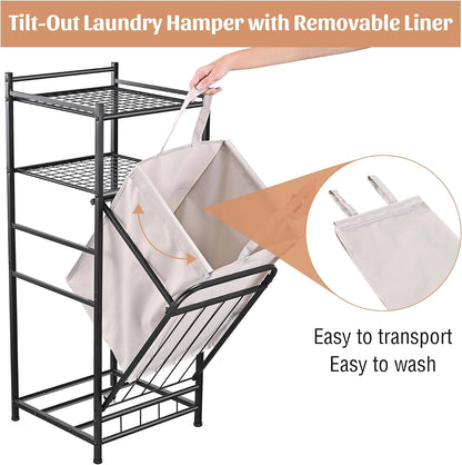 Tilt Out Laundry Hamper with Shelf, Laundry Basket Laundry Hamper Cabinet with Removable Liner Bag, 65 Liter, 15.8L x 15.8W x 40H Inch