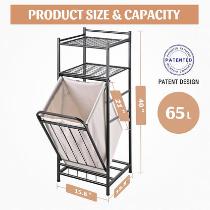 Tilt Out Laundry Hamper with Shelf, Laundry Basket Laundry Hamper Cabinet with Removable Liner Bag, 65 Liter, 15.8L x 15.8W x 40H Inch