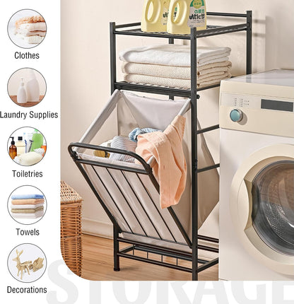 Tilt Out Laundry Hamper with Shelf, Laundry Basket Laundry Hamper Cabinet with Removable Liner Bag, 65 Liter, 15.8L x 15.8W x 40H Inch