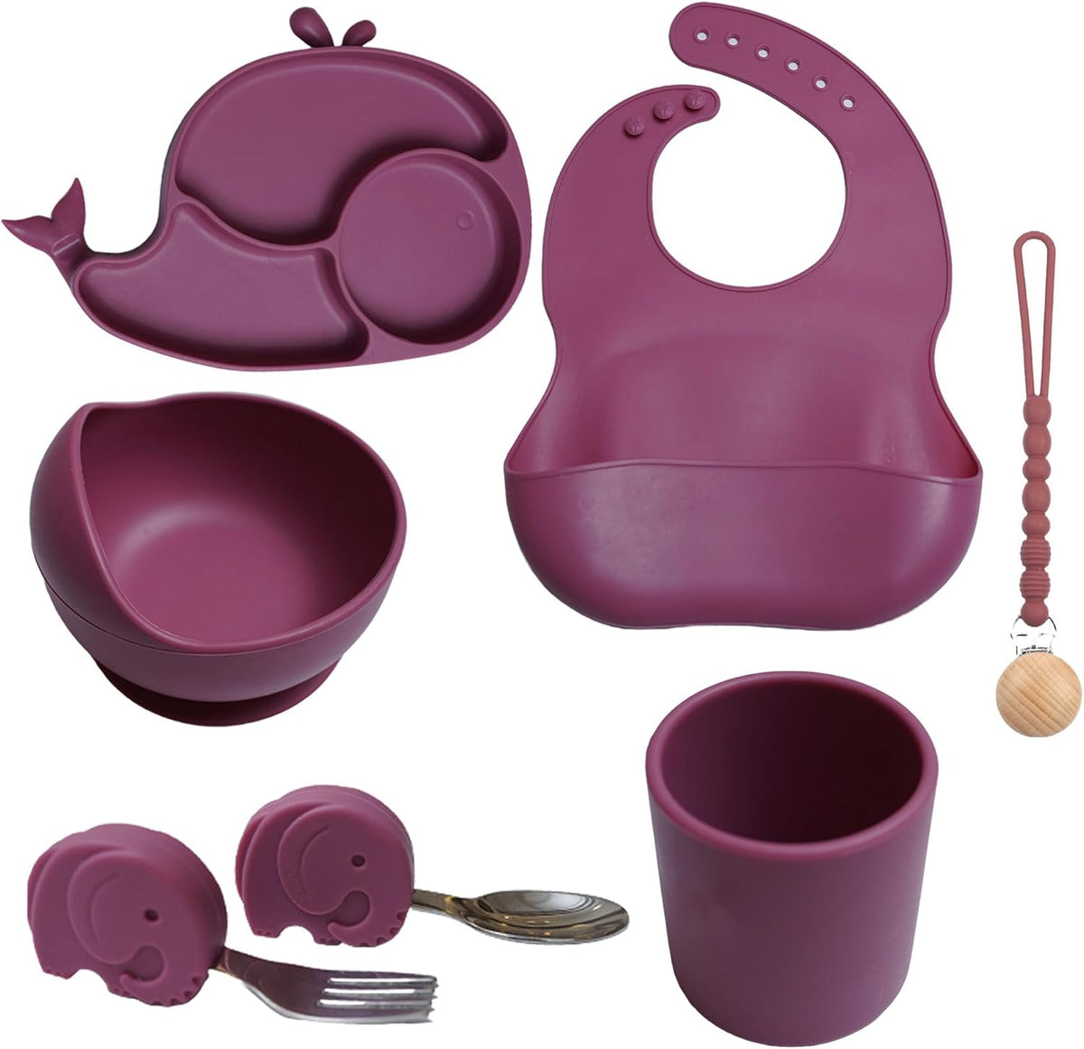 Silicone Baby Feeding Set 7 Pcs | Baby Led Weaning Supplies | Baby Spoons Suction Bowl Divided Plate Bib Cup | First Stage Solid Food Eating Utensils - 6+ Months