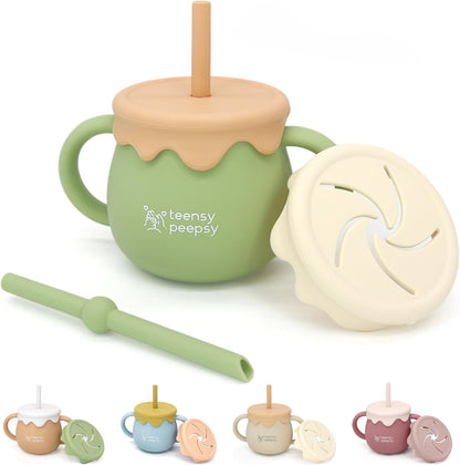Honey Jar Pot 3-in-1 Silicone Training Cup 8.5oz, Baby Sippy Cup with Straw & Snack Lid for 6 months+ Straw Cup for Baby Boy Gift, Toddler Smoothie Drinkware (Honey Jar Blue)