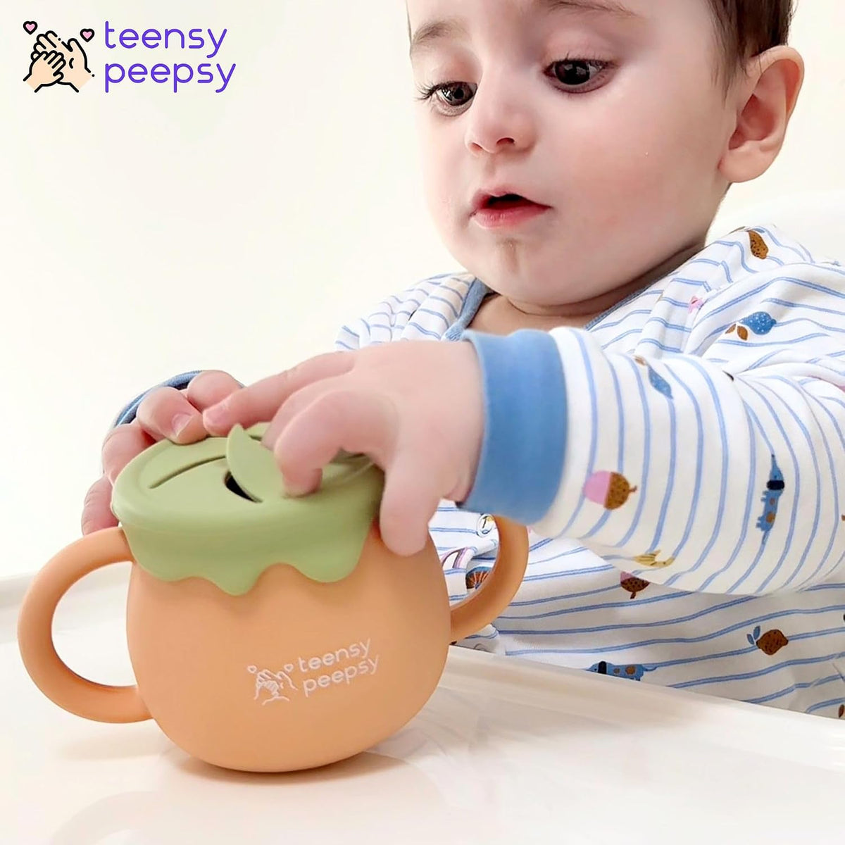 Honey Jar Pot 3-in-1 Silicone Training Cup 8.5oz, Baby Sippy Cup with Straw & Snack Lid for 6 months+ Straw Cup for Baby Boy Gift, Toddler Smoothie Drinkware (Honey Jar Blue)