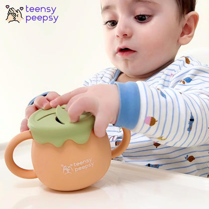 Honey Jar Pot 3-in-1 Silicone Training Cup 8.5oz, Baby Sippy Cup with Straw & Snack Lid for 6 months+ Straw Cup for Baby Boy Gift, Toddler Smoothie Drinkware (Honey Jar Blue)
