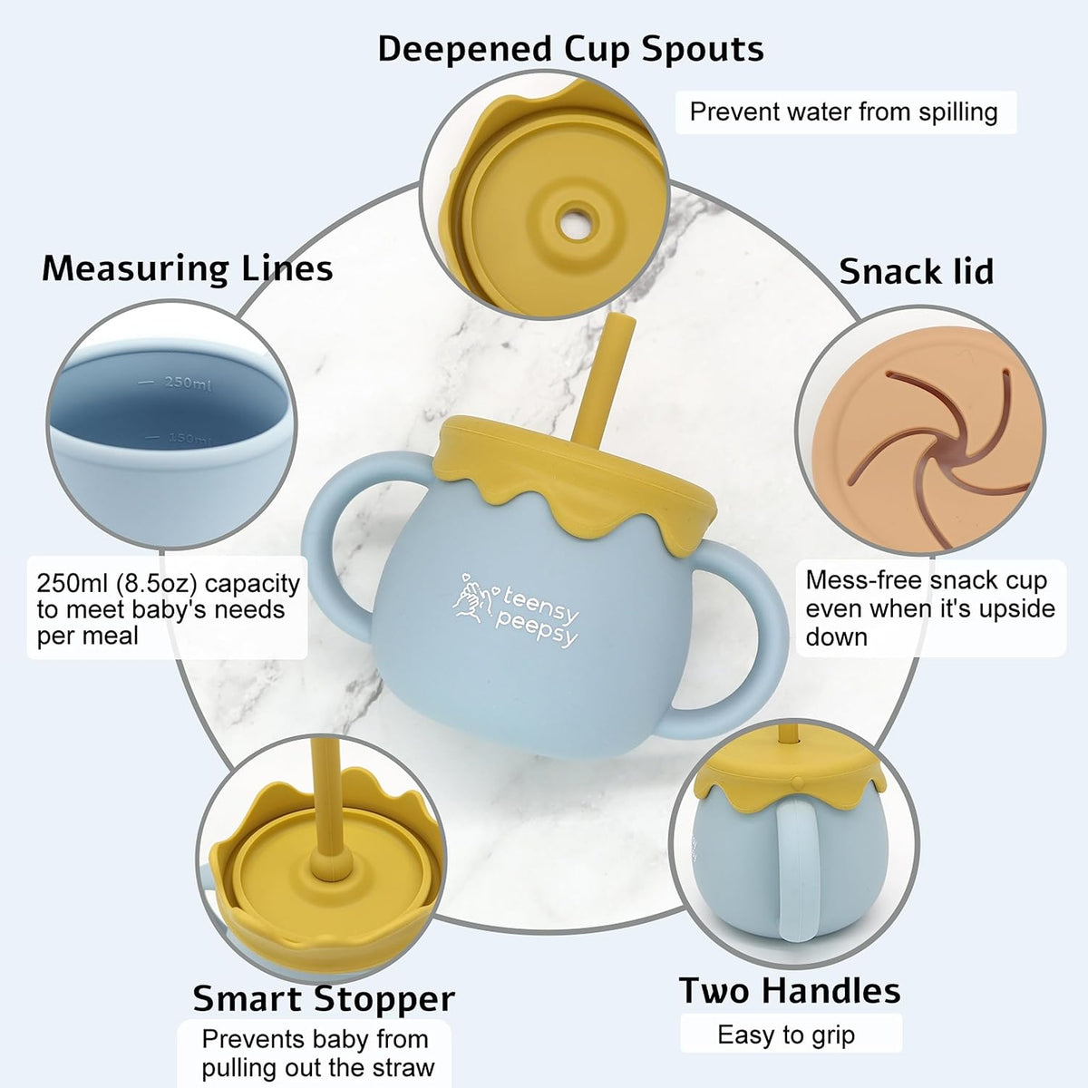 Honey Jar Pot 3-in-1 Silicone Training Cup 8.5oz, Baby Sippy Cup with Straw & Snack Lid for 6 months+ Straw Cup for Baby Boy Gift, Toddler Smoothie Drinkware (Honey Jar Blue)