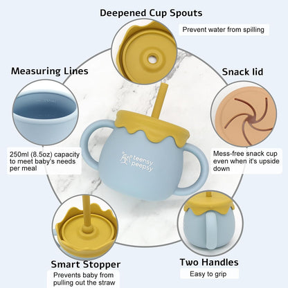 Honey Jar Pot 3-in-1 Silicone Training Cup 8.5oz, Baby Sippy Cup with Straw & Snack Lid for 6 months+ Straw Cup for Baby Boy Gift, Toddler Smoothie Drinkware (Honey Jar Blue)