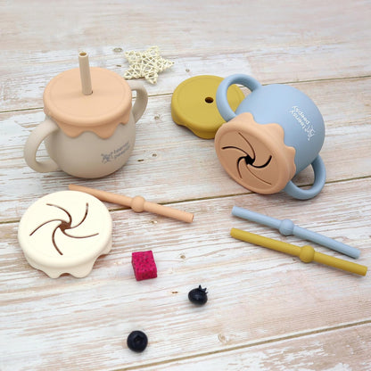 Honey Jar Pot 3-in-1 Silicone Training Cup 8.5oz, Baby Sippy Cup with Straw & Snack Lid for 6 months+ Straw Cup for Baby Boy Gift, Toddler Smoothie Drinkware (Honey Jar Blue)
