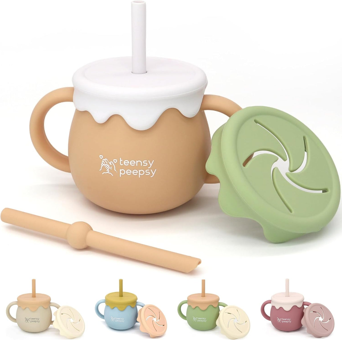 Honey Jar Pot 3-in-1 Silicone Training Cup 8.5oz, Baby Sippy Cup with Straw & Snack Lid for 6 months+ Straw Cup for Baby Boy Gift, Toddler Smoothie Drinkware (Honey Jar Blue)