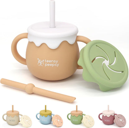 Honey Jar Pot 3-in-1 Silicone Training Cup 8.5oz, Baby Sippy Cup with Straw & Snack Lid for 6 months+ Straw Cup for Baby Boy Gift, Toddler Smoothie Drinkware (Honey Jar Blue)