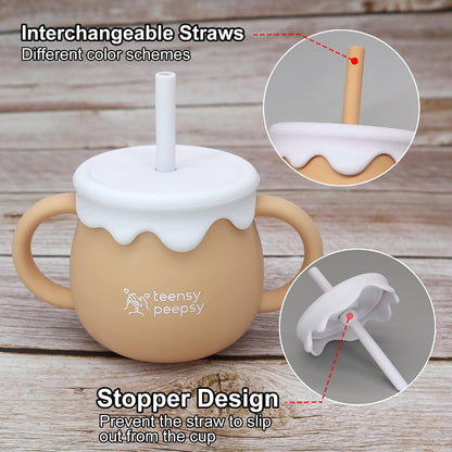 Honey Jar Pot 3-in-1 Silicone Training Cup 8.5oz, Baby Sippy Cup with Straw & Snack Lid for 6 months+ Straw Cup for Baby Boy Gift, Toddler Smoothie Drinkware (Honey Jar Blue)
