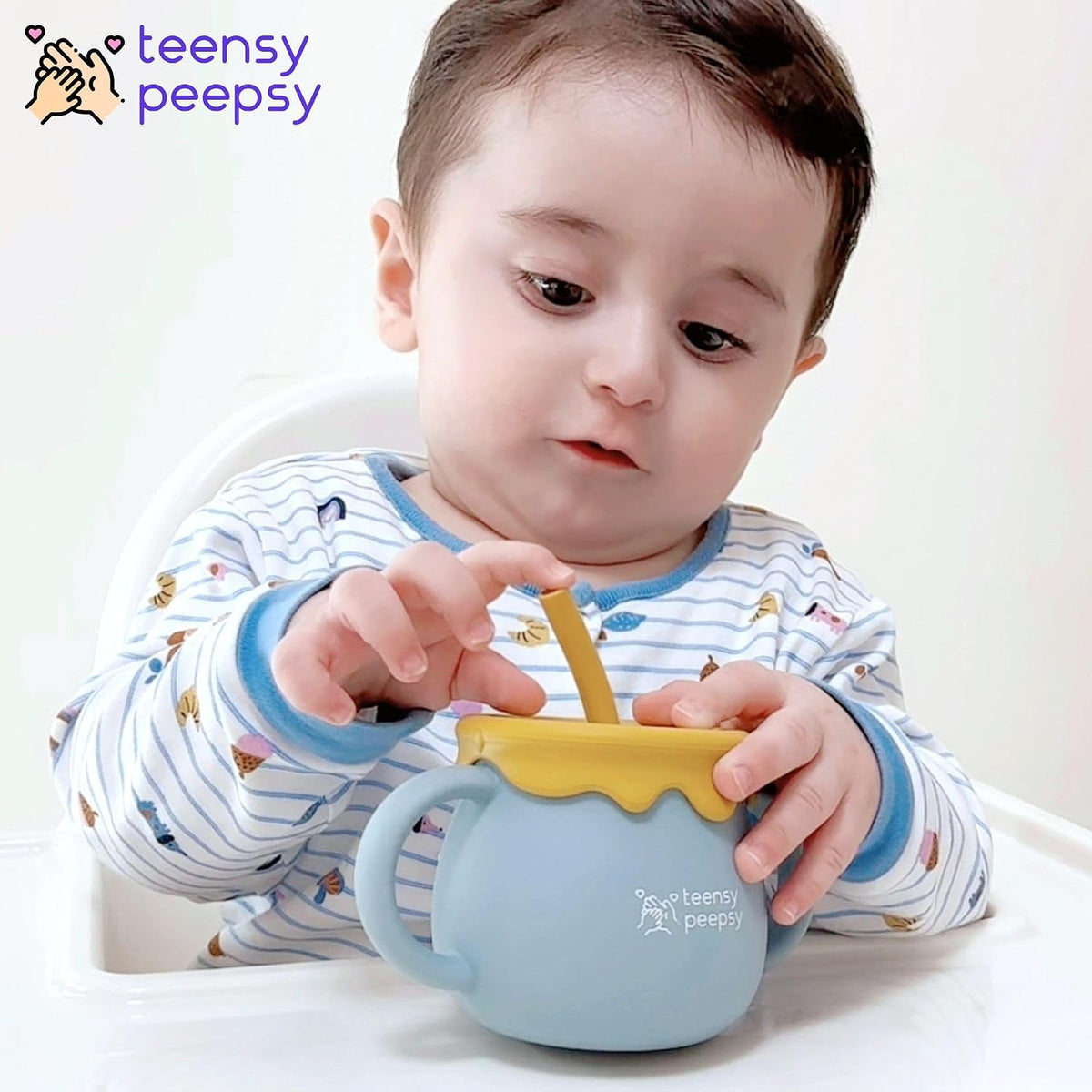 Honey Jar Pot 3-in-1 Silicone Training Cup 8.5oz, Baby Sippy Cup with Straw & Snack Lid for 6 months+ Straw Cup for Baby Boy Gift, Toddler Smoothie Drinkware (Honey Jar Blue)