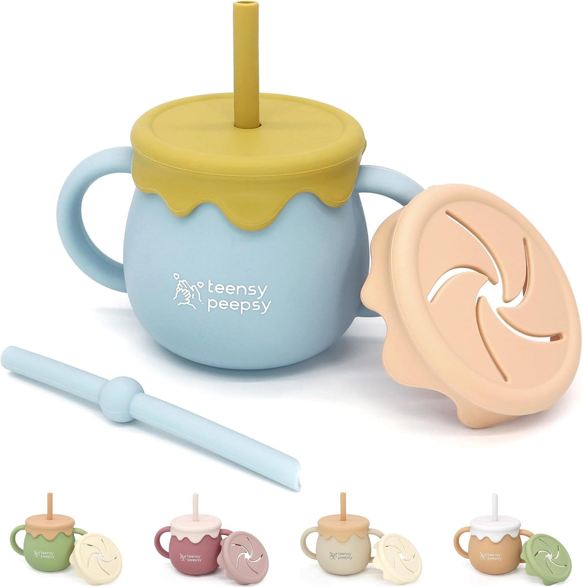 Honey Jar Pot 3-in-1 Silicone Training Cup 8.5oz, Baby Sippy Cup with Straw & Snack Lid for 6 months+ Straw Cup for Baby Boy Gift, Toddler Smoothie Drinkware (Honey Jar Blue)