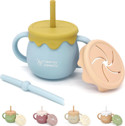 Honey Jar Pot 3-in-1 Silicone Training Cup 8.5oz, Baby Sippy Cup with Straw & Snack Lid for 6 months+ Straw Cup for Baby Boy Gift, Toddler Smoothie Drinkware (Honey Jar Blue)