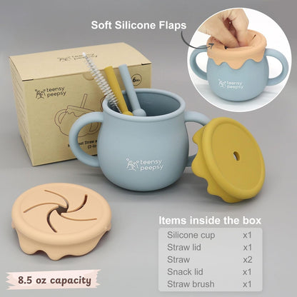Honey Jar Pot 3-in-1 Silicone Training Cup 8.5oz, Baby Sippy Cup with Straw & Snack Lid for 6 months+ Straw Cup for Baby Boy Gift, Toddler Smoothie Drinkware (Honey Jar Blue)