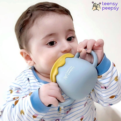 Honey Jar Pot 3-in-1 Silicone Training Cup 8.5oz, Baby Sippy Cup with Straw & Snack Lid for 6 months+ Straw Cup for Baby Boy Gift, Toddler Smoothie Drinkware (Honey Jar Blue)