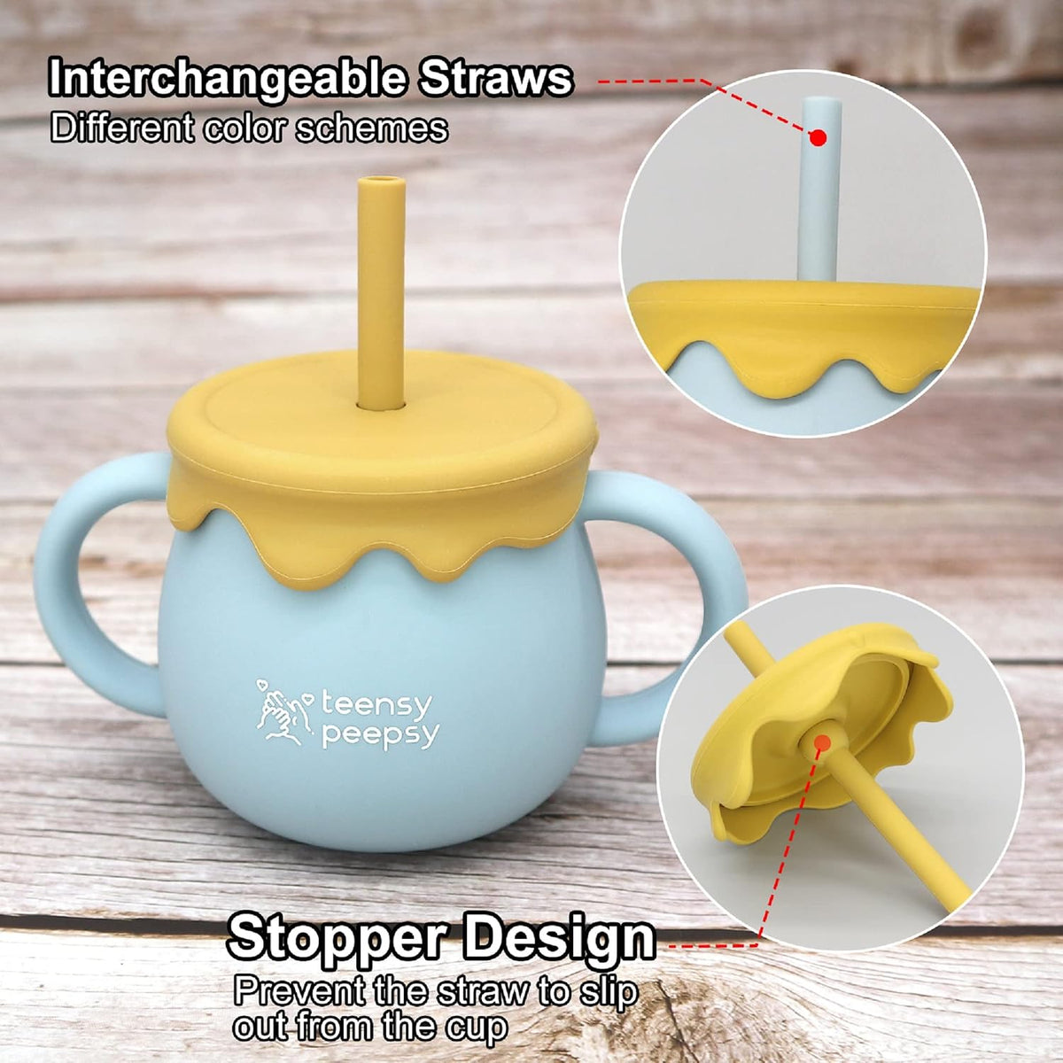 Honey Jar Pot 3-in-1 Silicone Training Cup 8.5oz, Baby Sippy Cup with Straw & Snack Lid for 6 months+ Straw Cup for Baby Boy Gift, Toddler Smoothie Drinkware (Honey Jar Blue)