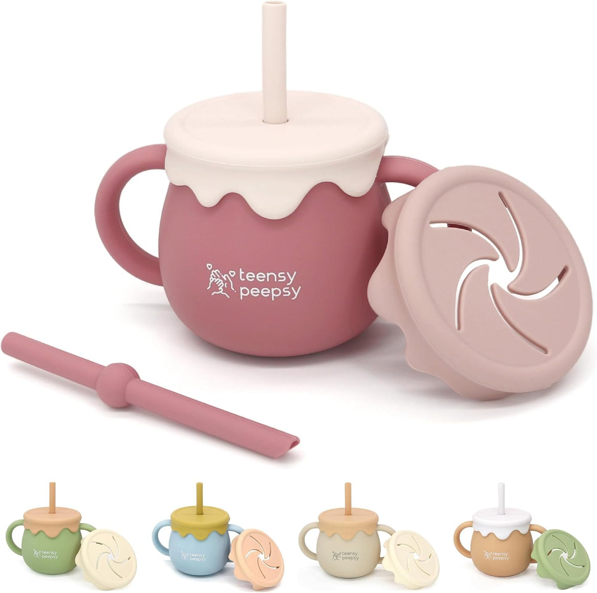 Honey Jar Pot 3-in-1 Silicone Training Cup 8.5oz, Baby Sippy Cup with Straw & Snack Lid for 6 months+ Straw Cup for Baby Boy Gift, Toddler Smoothie Drinkware (Honey Jar Blue)