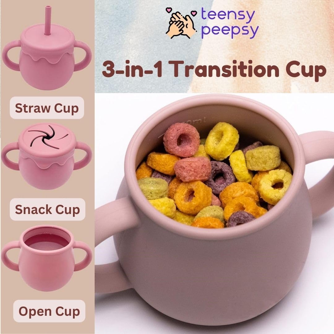 Honey Jar Pot 3-in-1 Silicone Training Cup 8.5oz, Baby Sippy Cup with Straw & Snack Lid for 6 months+ Straw Cup for Baby Boy Gift, Toddler Smoothie Drinkware (Honey Jar Blue)