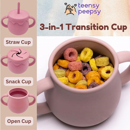 Honey Jar Pot 3-in-1 Silicone Training Cup 8.5oz, Baby Sippy Cup with Straw & Snack Lid for 6 months+ Straw Cup for Baby Boy Gift, Toddler Smoothie Drinkware (Honey Jar Blue)