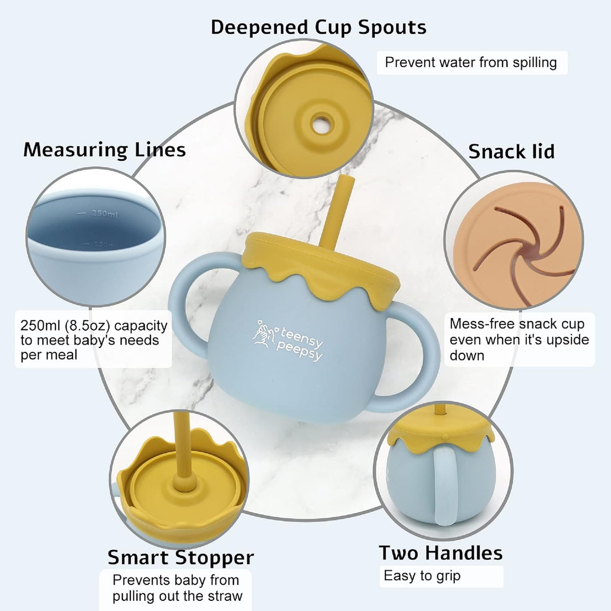 Honey Jar Pot 3-in-1 Silicone Training Cup 8.5oz, Baby Sippy Cup with Straw & Snack Lid for 6 months+ Straw Cup for Baby Boy Gift, Toddler Smoothie Drinkware (Honey Jar Blue)
