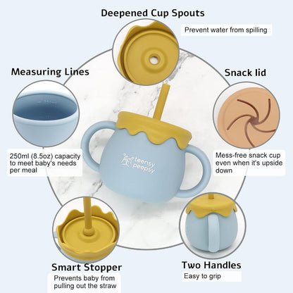 Honey Jar Pot 3-in-1 Silicone Training Cup 8.5oz, Baby Sippy Cup with Straw & Snack Lid for 6 months+ Straw Cup for Baby Boy Gift, Toddler Smoothie Drinkware (Honey Jar Blue)