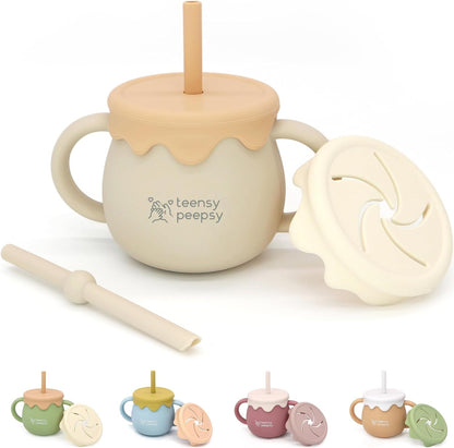 Honey Jar Pot 3-in-1 Silicone Training Cup 8.5oz, Baby Sippy Cup with Straw & Snack Lid for 6 months+ Straw Cup for Baby Boy Gift, Toddler Smoothie Drinkware (Honey Jar Blue)