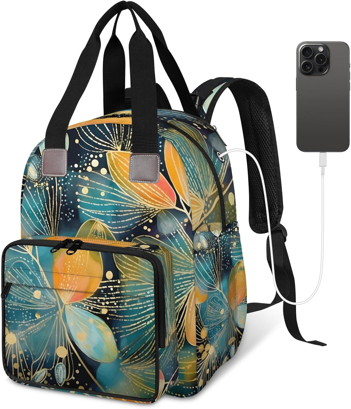 Colorful Leaf Flowers Diaper Bag Backpack for Travel, Waterproof Diaper Bag with Insulated Bottle Pockets & USB Port, Large Capacity Baby Bag for Moms & Dads