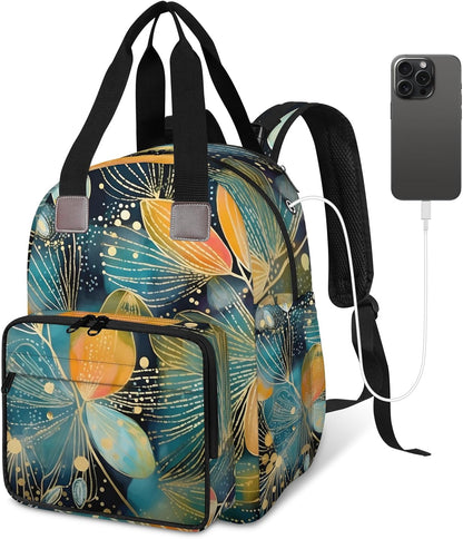 Colorful Leaf Flowers Diaper Bag Backpack for Travel, Waterproof Diaper Bag with Insulated Bottle Pockets & USB Port, Large Capacity Baby Bag for Moms & Dads