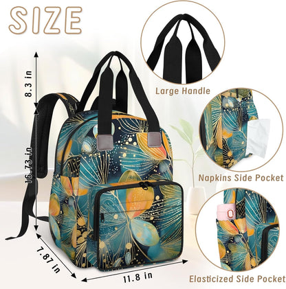 Colorful Leaf Flowers Diaper Bag Backpack for Travel, Waterproof Diaper Bag with Insulated Bottle Pockets & USB Port, Large Capacity Baby Bag for Moms & Dads