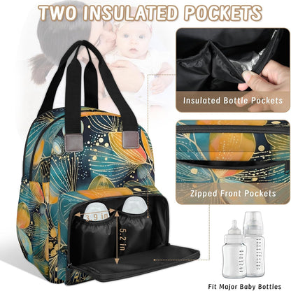Colorful Leaf Flowers Diaper Bag Backpack for Travel, Waterproof Diaper Bag with Insulated Bottle Pockets & USB Port, Large Capacity Baby Bag for Moms & Dads