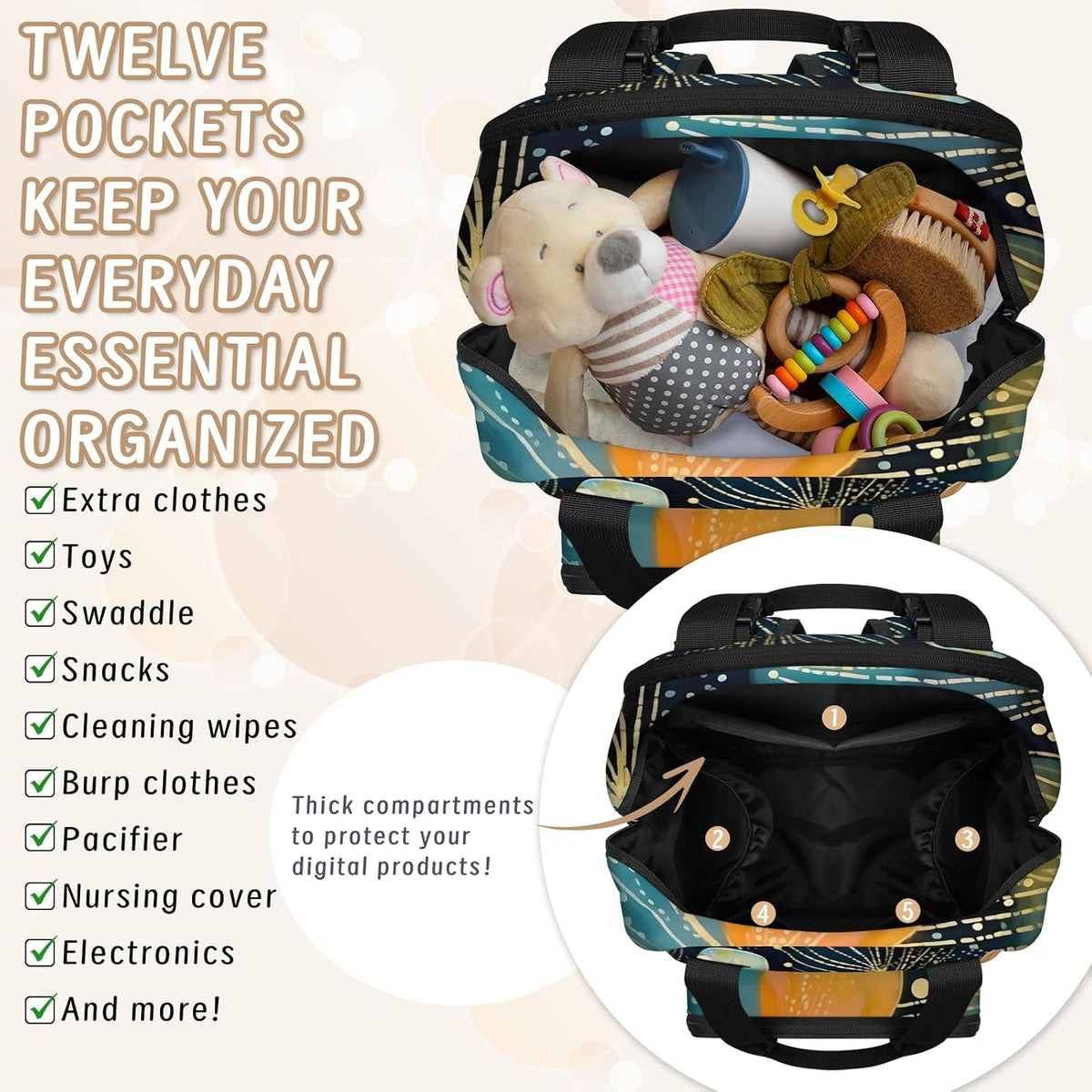 Colorful Leaf Flowers Diaper Bag Backpack for Travel, Waterproof Diaper Bag with Insulated Bottle Pockets & USB Port, Large Capacity Baby Bag for Moms & Dads
