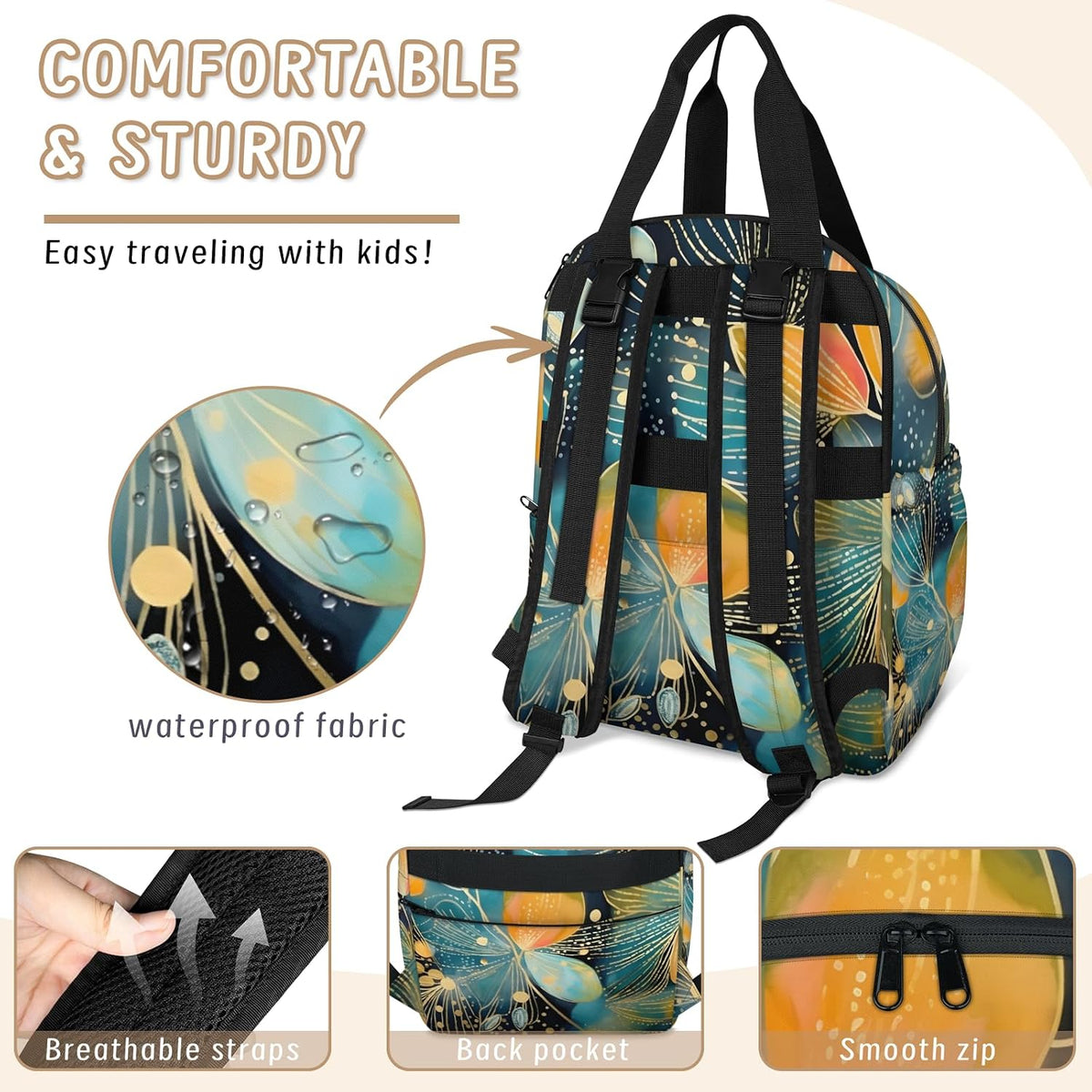 Colorful Leaf Flowers Diaper Bag Backpack for Travel, Waterproof Diaper Bag with Insulated Bottle Pockets & USB Port, Large Capacity Baby Bag for Moms & Dads
