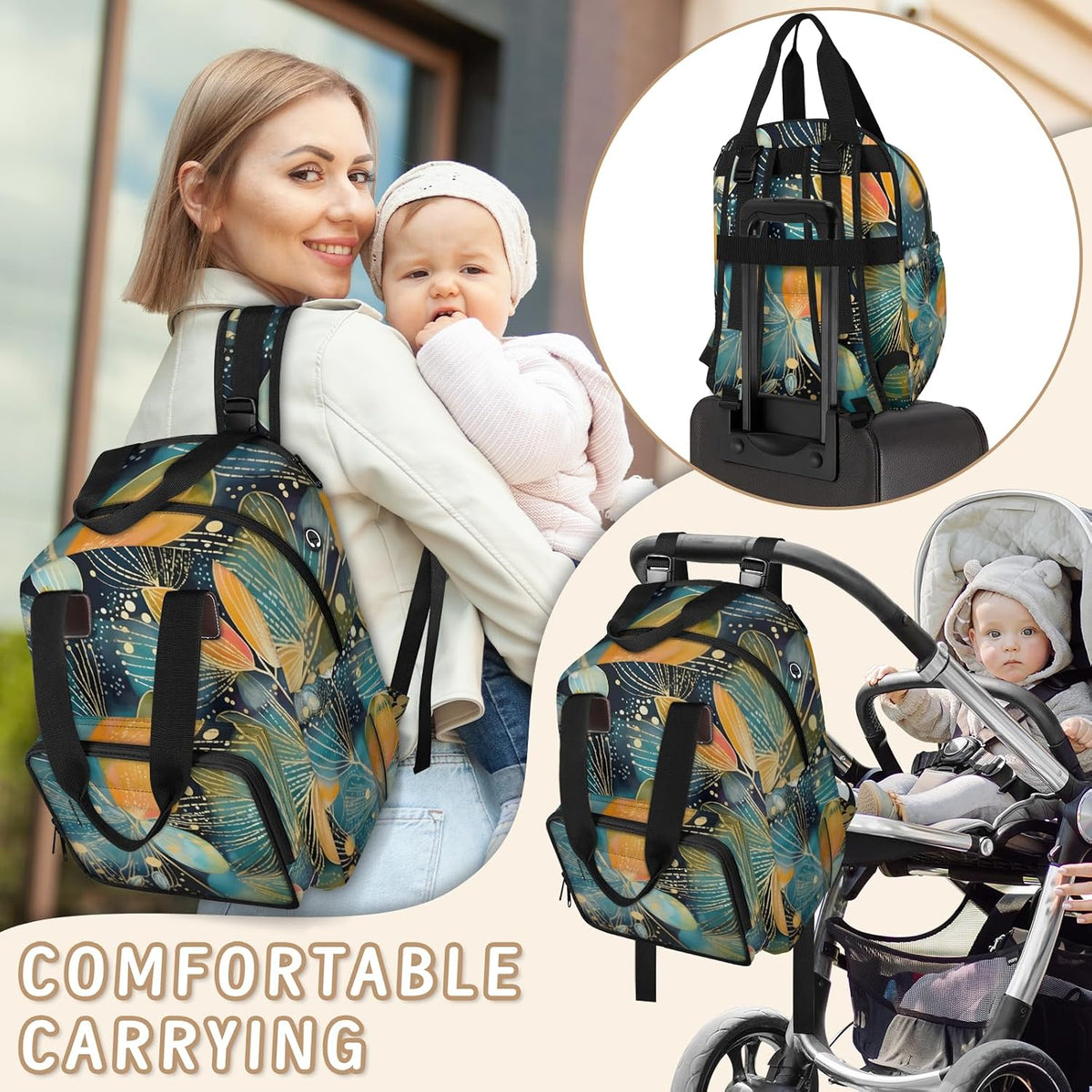 Colorful Leaf Flowers Diaper Bag Backpack for Travel, Waterproof Diaper Bag with Insulated Bottle Pockets & USB Port, Large Capacity Baby Bag for Moms & Dads