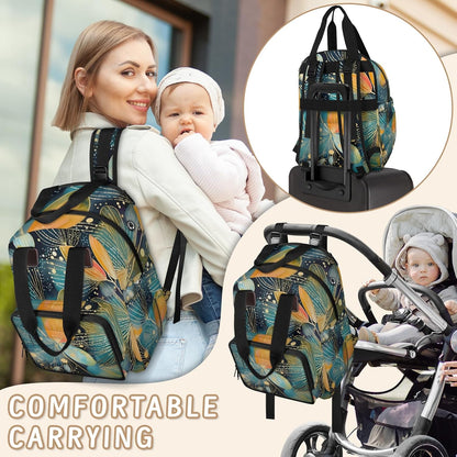 Colorful Leaf Flowers Diaper Bag Backpack for Travel, Waterproof Diaper Bag with Insulated Bottle Pockets & USB Port, Large Capacity Baby Bag for Moms & Dads