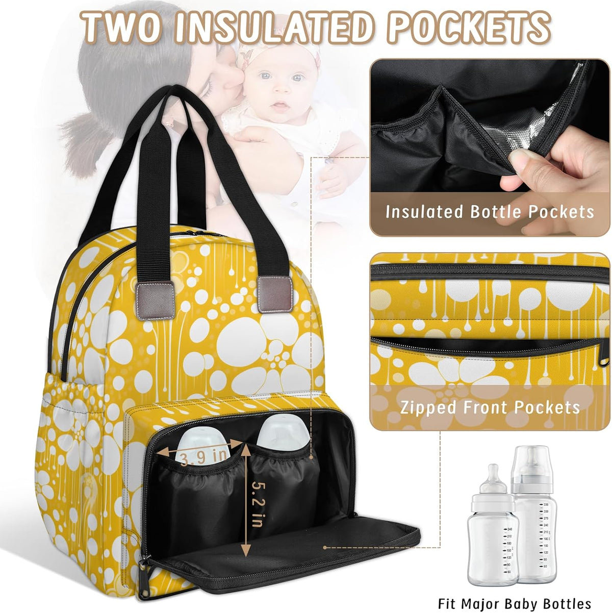 Colorful Leaf Flowers Diaper Bag Backpack for Travel, Waterproof Diaper Bag with Insulated Bottle Pockets & USB Port, Large Capacity Baby Bag for Moms & Dads