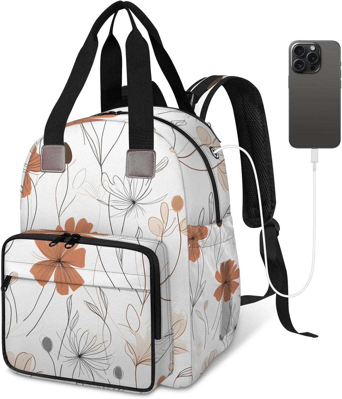 Colorful Leaf Flowers Diaper Bag Backpack for Travel, Waterproof Diaper Bag with Insulated Bottle Pockets & USB Port, Large Capacity Baby Bag for Moms & Dads