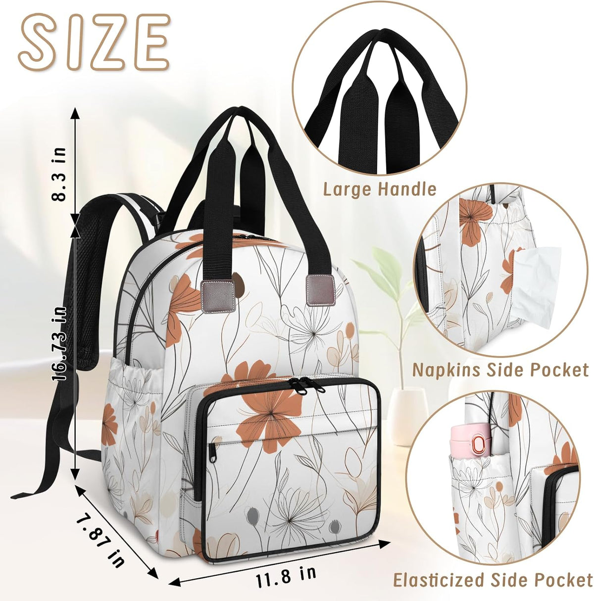 Colorful Leaf Flowers Diaper Bag Backpack for Travel, Waterproof Diaper Bag with Insulated Bottle Pockets & USB Port, Large Capacity Baby Bag for Moms & Dads